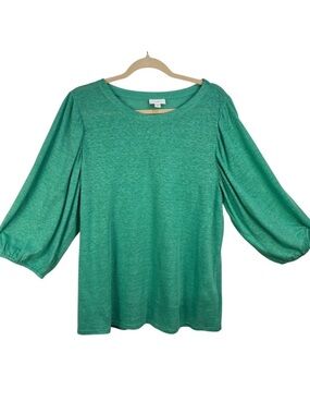 J. Jill Linen 3/4 Puff Sleeve Scoop Neck Top Ocean Green Size Medium Tall